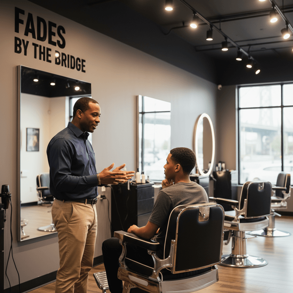 Mentor guiding a young man in a modern barber shop setting