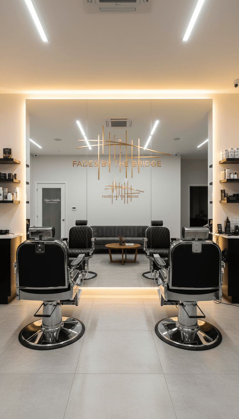 Modern barbershop interior with black leather chairs facing a large mirror and gold logo.