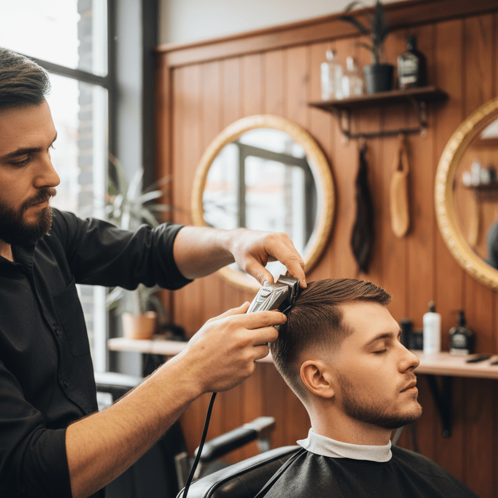 Barber carefully shaping a client's haircut with precision