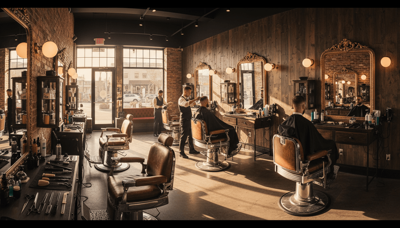 Professional barber shop station with leather chair and grooming tools in warm lighting