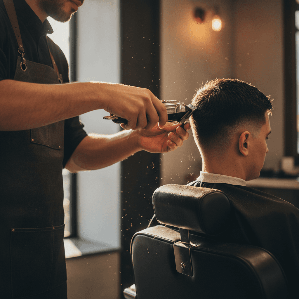 Barber providing precision haircut service to a client