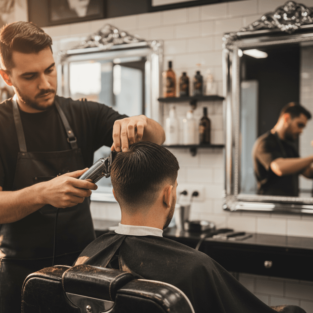Barber performing a precise fade haircut