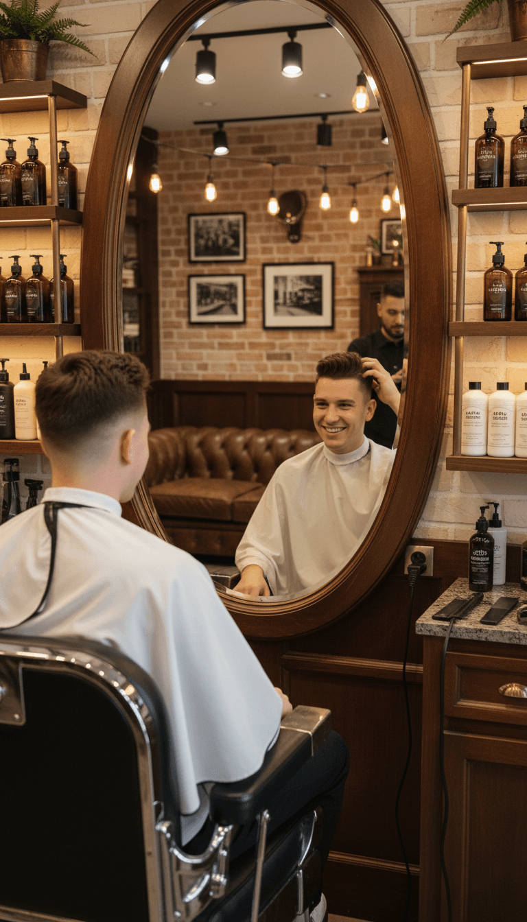 Client admiring professional haircut results