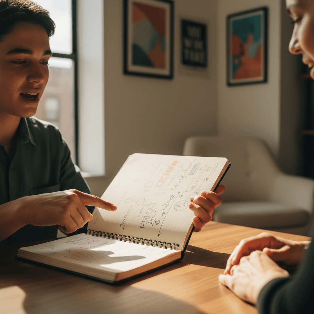 A young mentor and mentee engaged in meaningful conversation in a bright, welcoming space