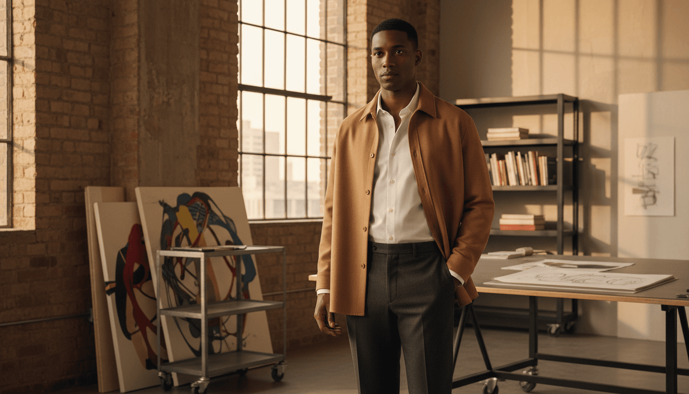 Male model wearing coordinated dark trousers, white shirt, and camel overshirt in sunlit industrial urban loft space