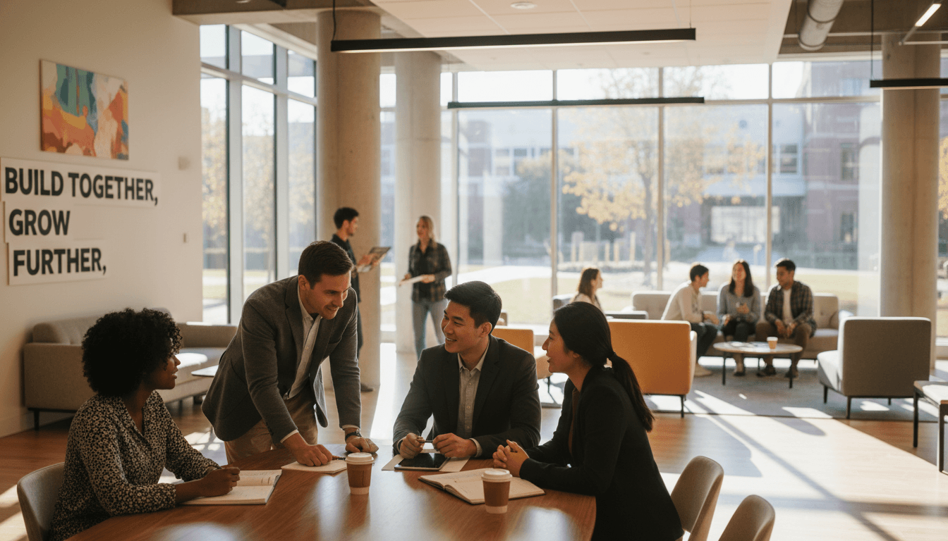 Group mentorship session with diverse young people in office setting